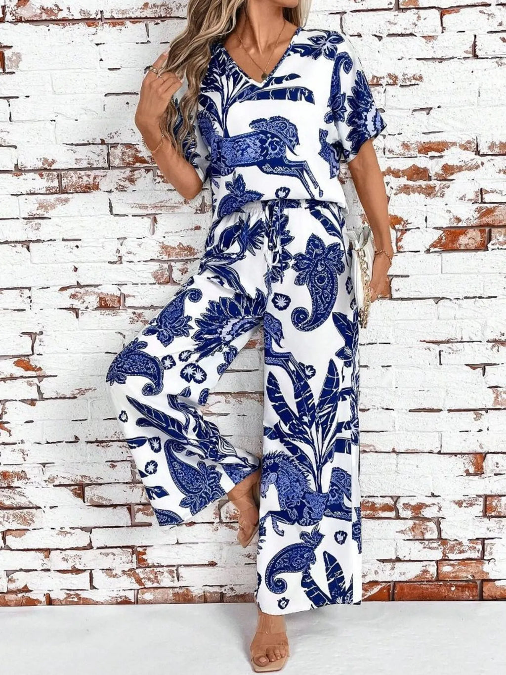 Printed V-Neck Top and Wide Leg Pants Set