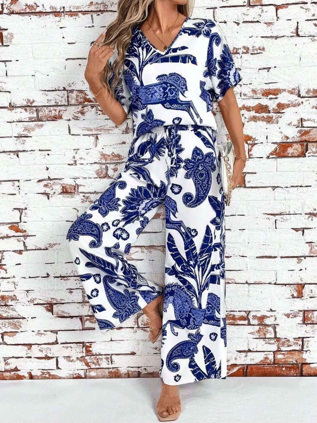 Printed V-Neck Top and Wide Leg Pants Set
