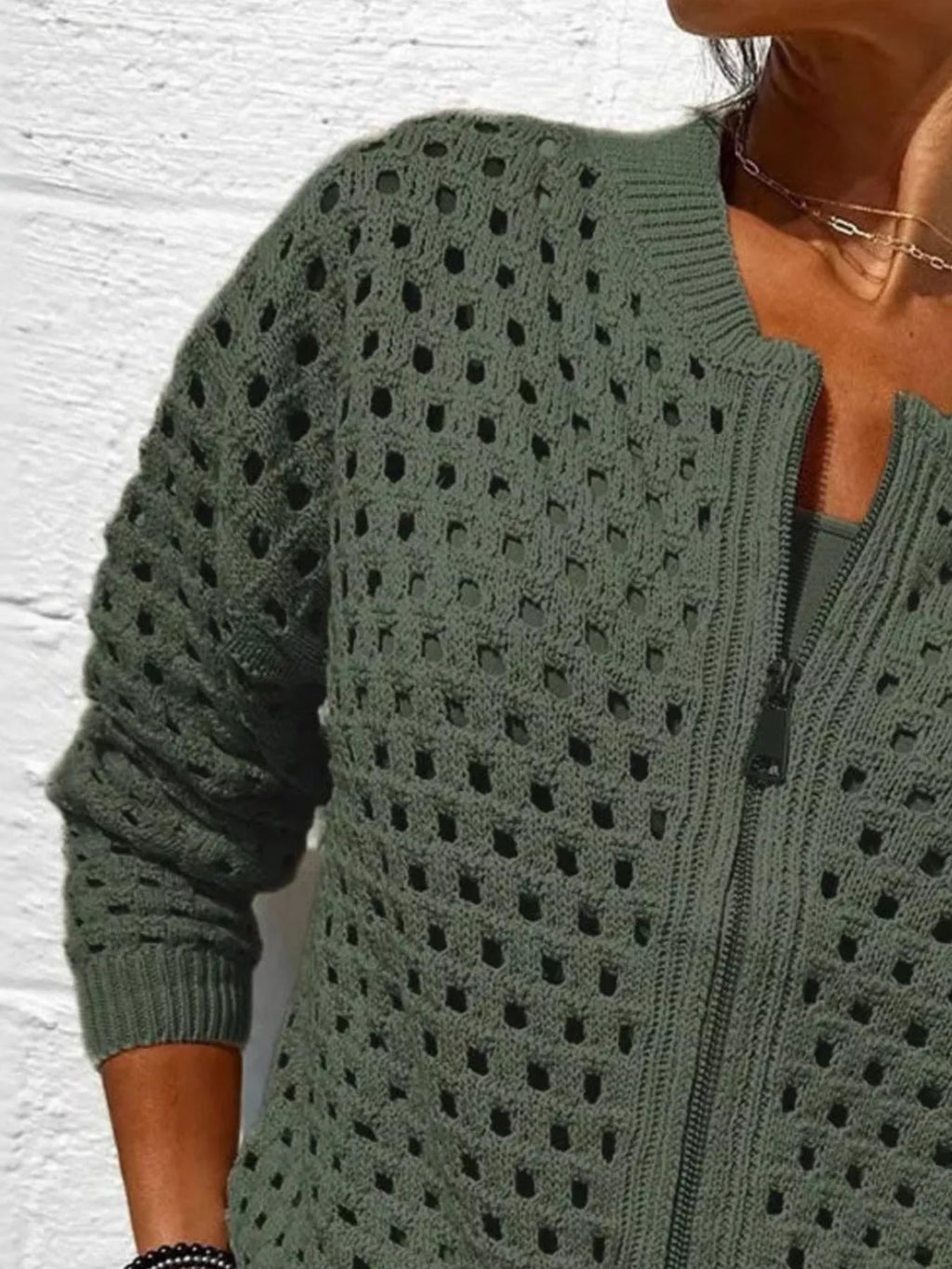 Full Size Zip Up Long Sleeve Cardigan with Eyelet Detail Plus Size