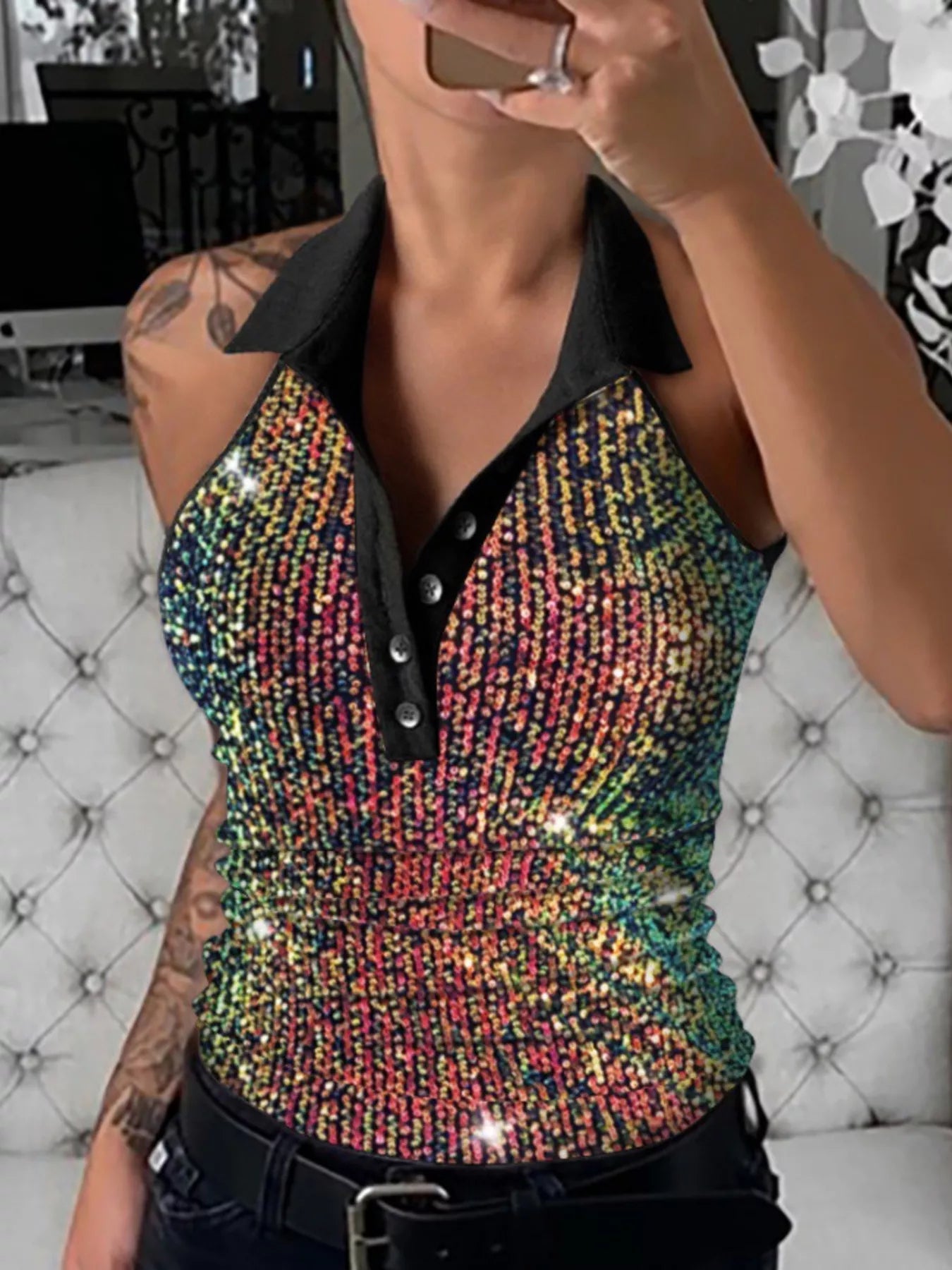 Sparkling Sequin Embellished Sleeveless Top