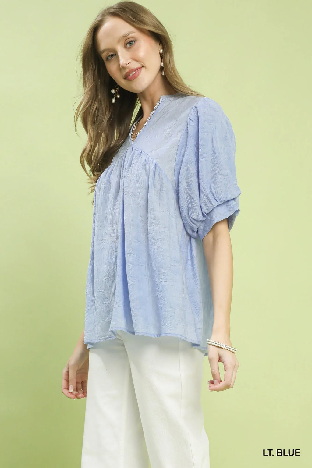 Umgee Textured Lace Trim V-Neck Boho Blouse
