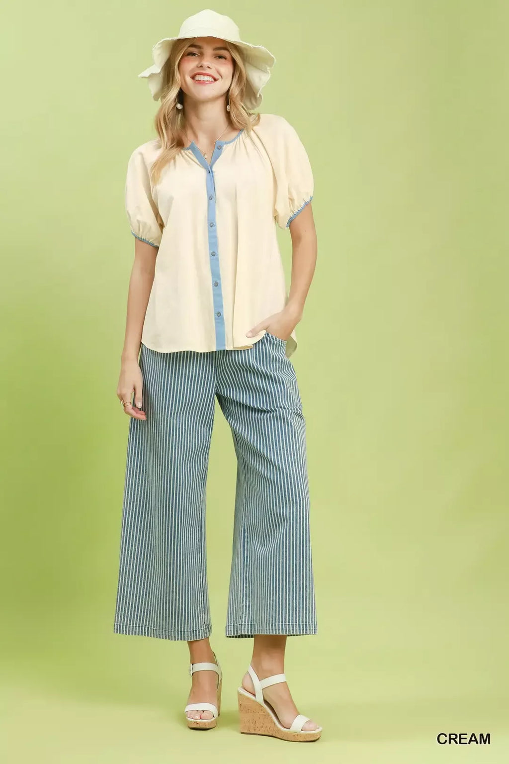 Umgee Contrast Trim Button Front Puff Sleeve Blouse