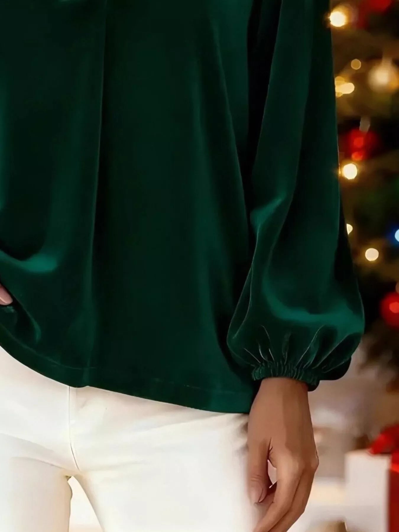 Full Size Velvet V-Neck Balloon Sleeve Blouse Plus Size