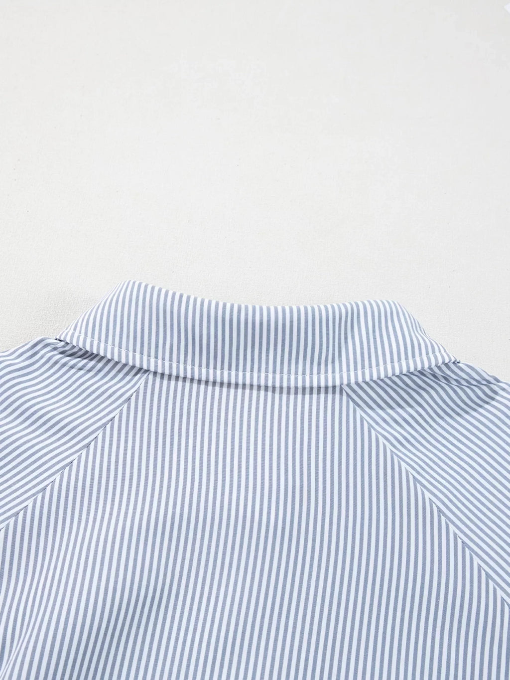 Pinstripe Long Sleeve Smocked Cuffs Button Shirt Collar Blouse
