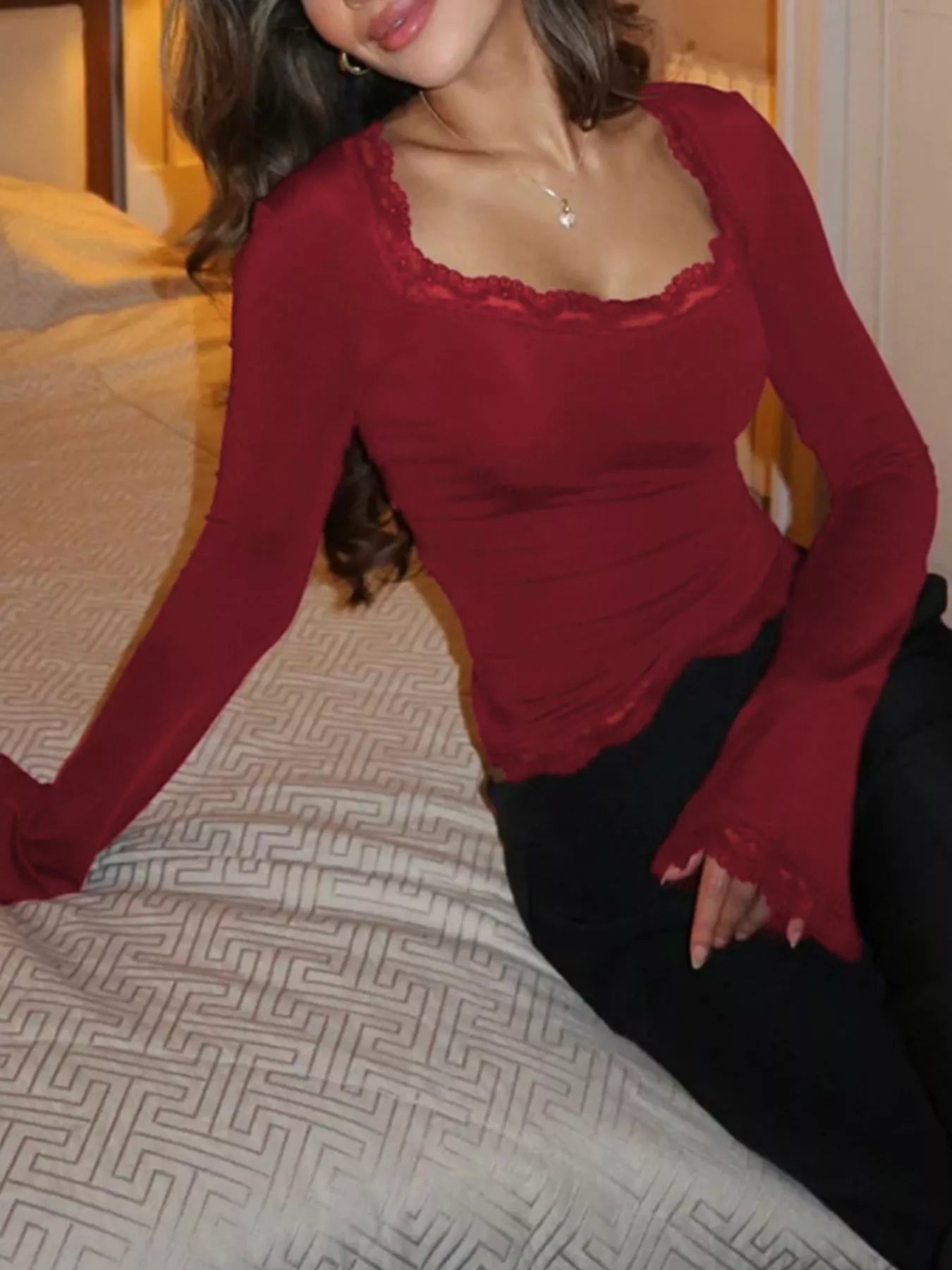 Lace Trim Square Neck Long Sleeve Top