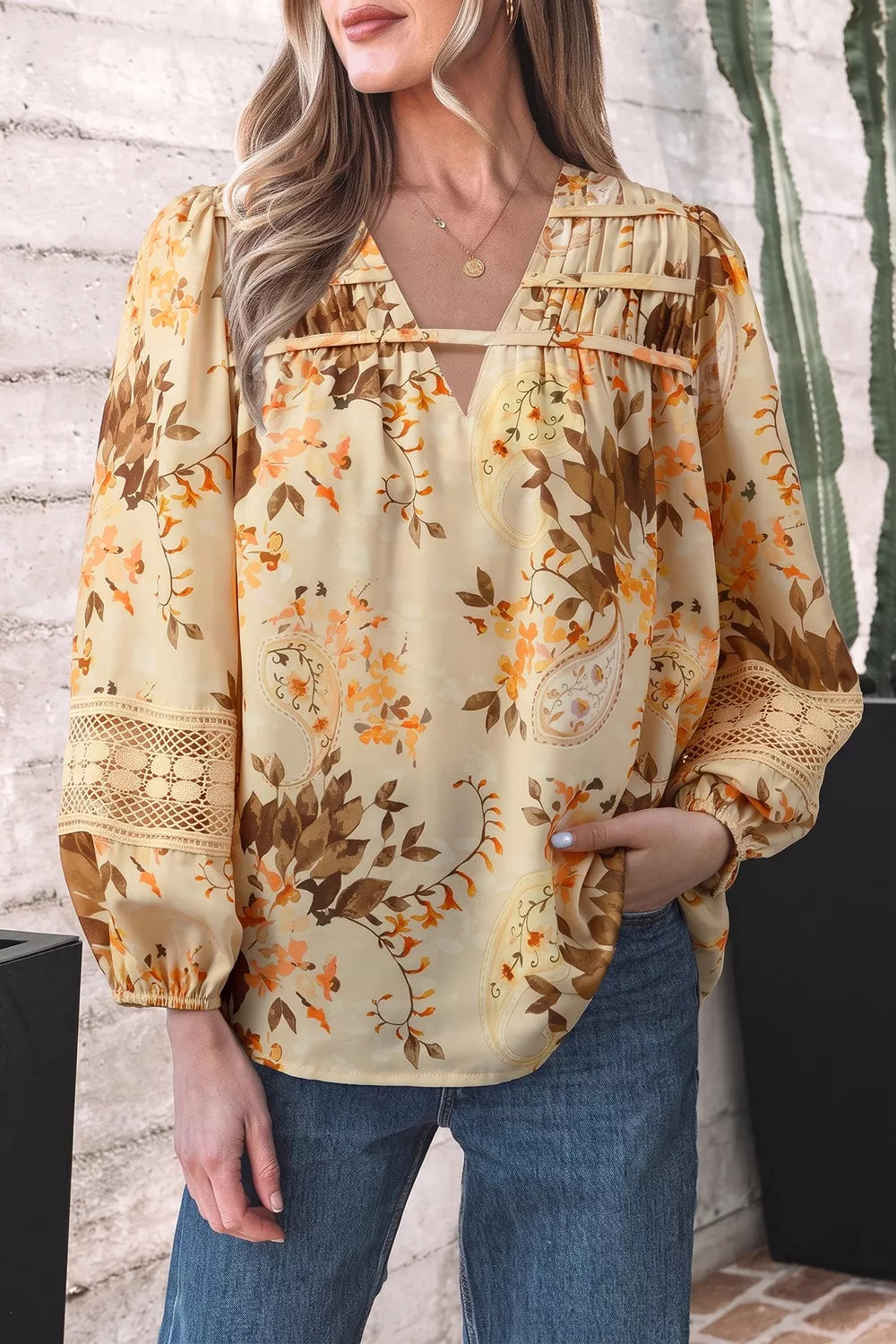 Paisley Print Decorative Binding Tape V Neck Shift Blouse