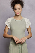 POL Round Neck Outseam Detail T-Shirt with Contrast Color Sleeves