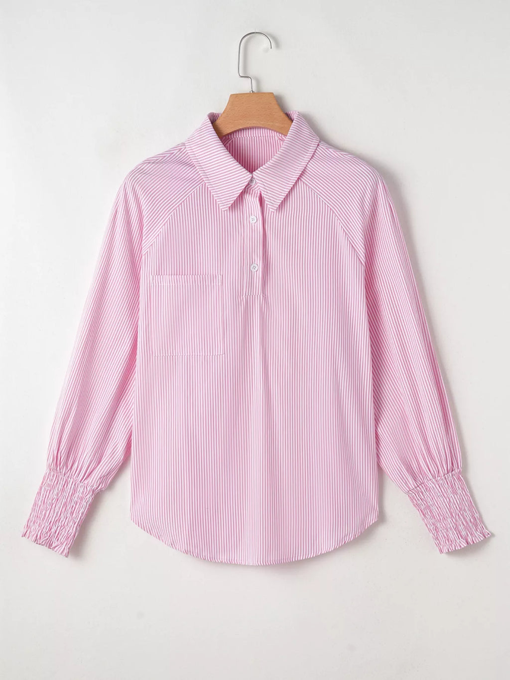 Pinstripe Long Sleeve Smocked Cuffs Button Shirt Collar Blouse