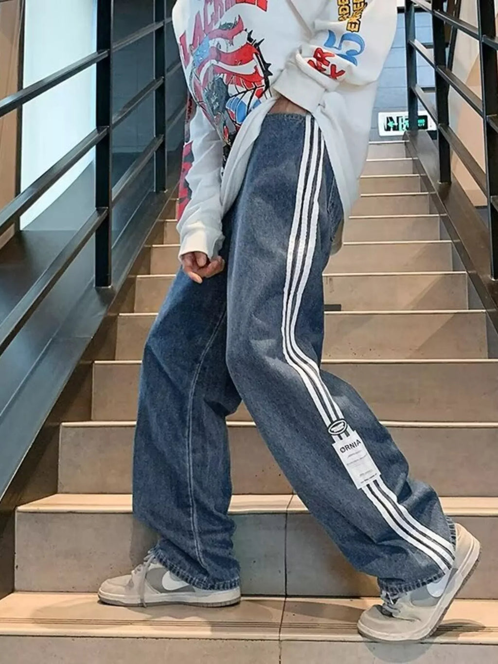 Men's Plus Size Striped Wide-Leg Jeans