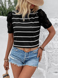 Perfee Striped Lace Detail Short Sleeve T-Shirt