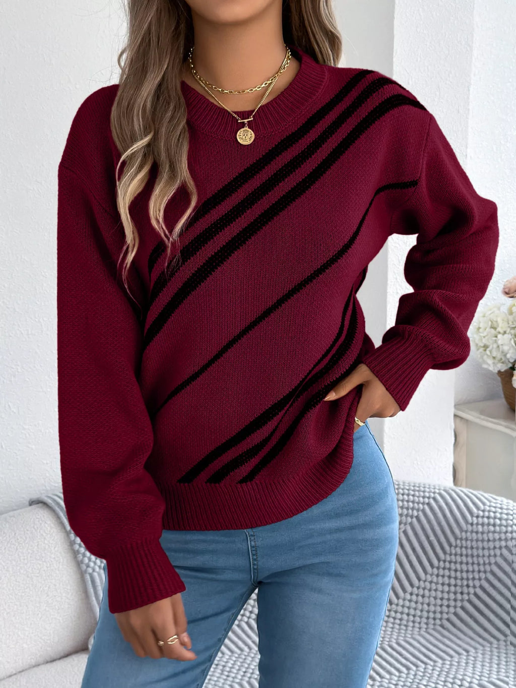 Striped Pattern Casual Round Neck Sweater