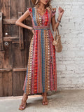 Boho Print Ruffle Sleeve Slit Dress