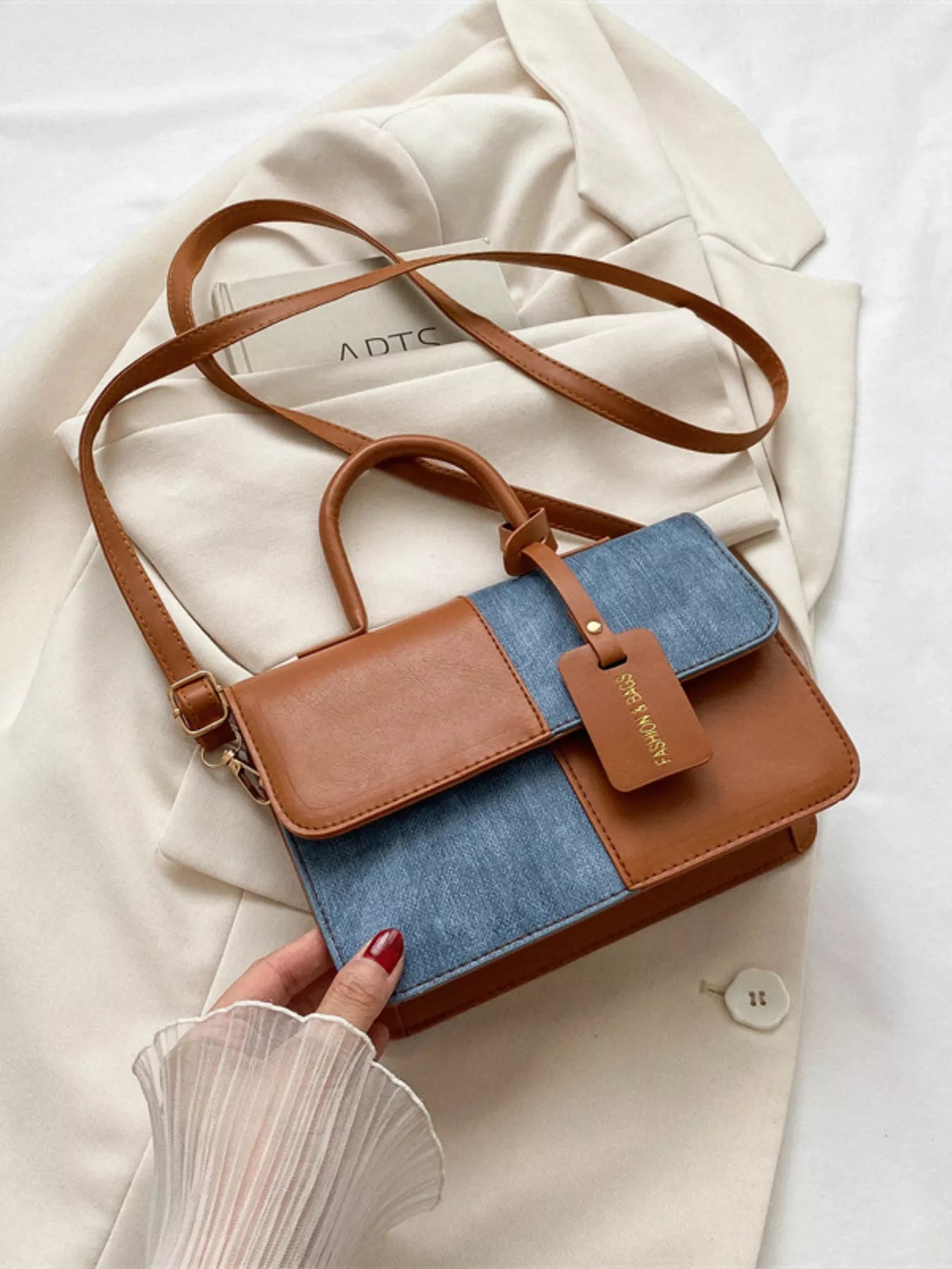 Two-Tone PU Leather Crossbody Bag