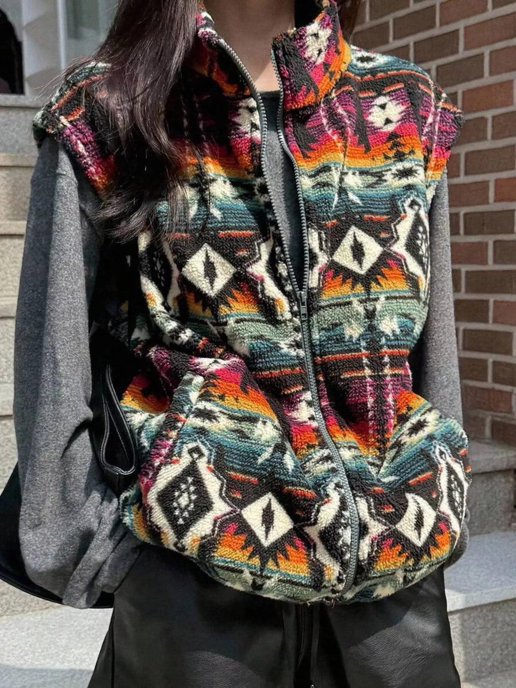 Geometric Fleece Vest Coat