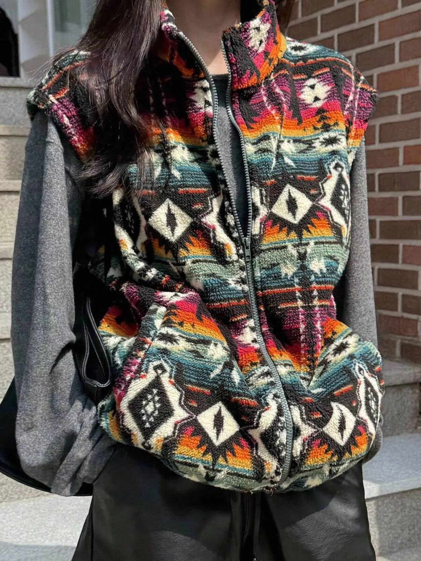 Geometric Fleece Vest Coat