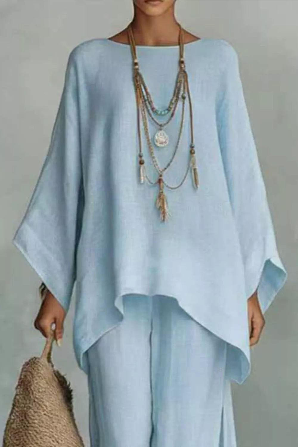 Solid Color Long Sleeve Top and Wide Leg Pants Set