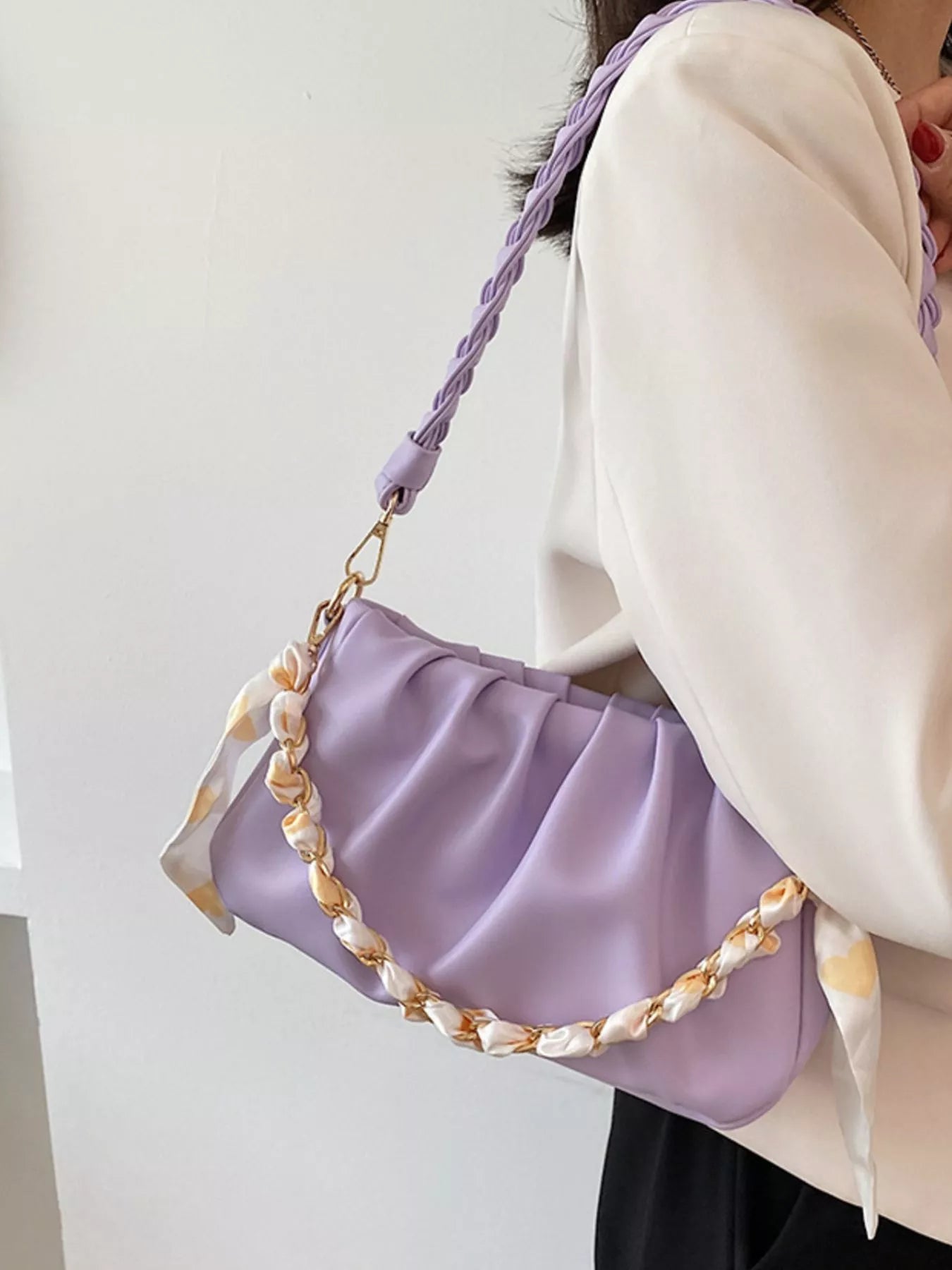 Ruched Braided Handle Shoulder Bag