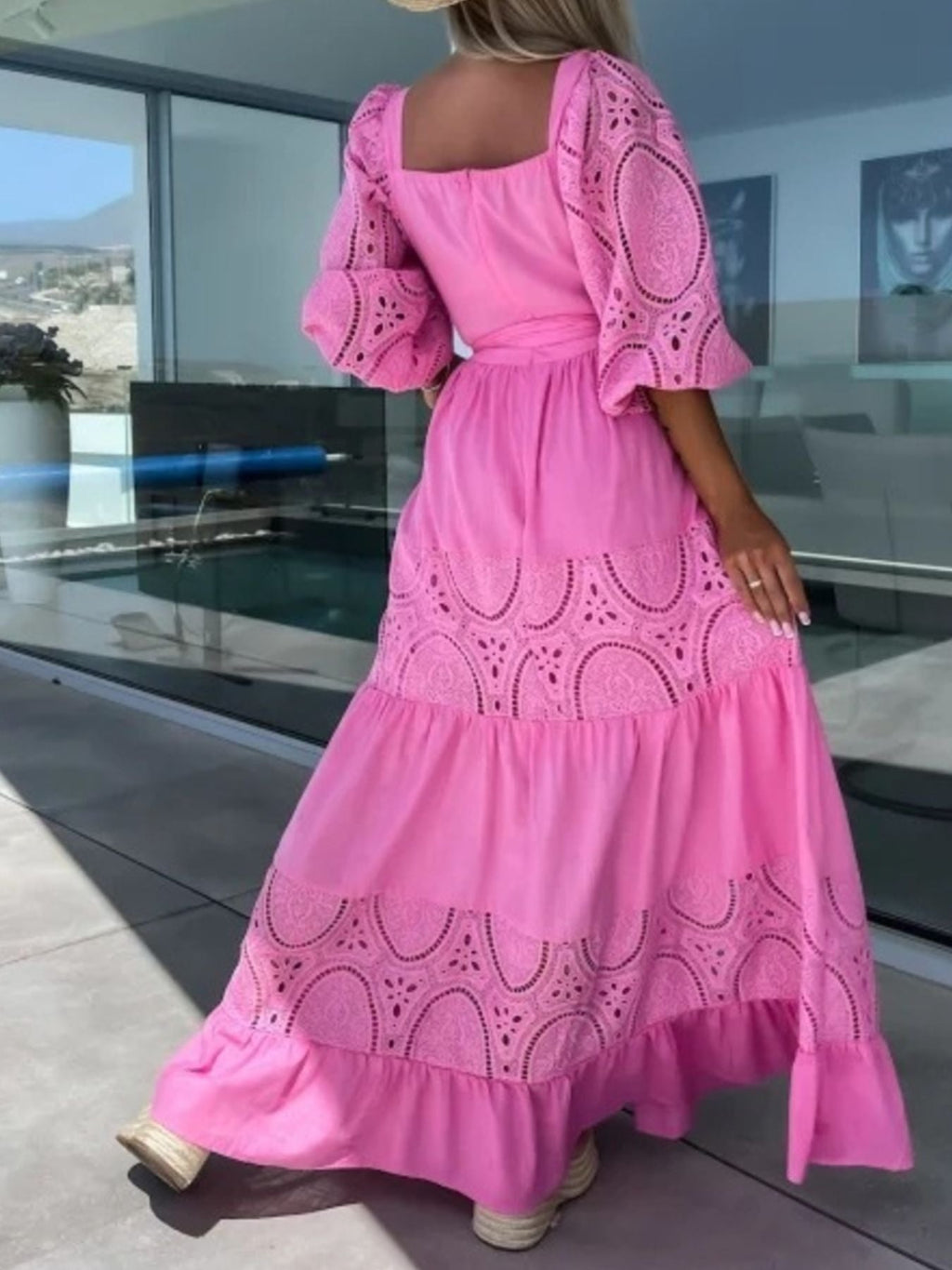 Lace Sleeve Belted Tiered Ruffled Maxi Dress