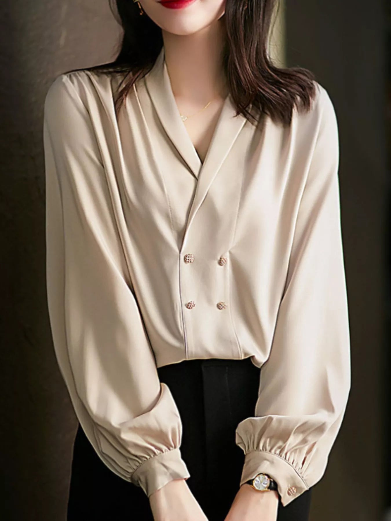 Ruched Front Decorative Button Long Sleeve Blouse