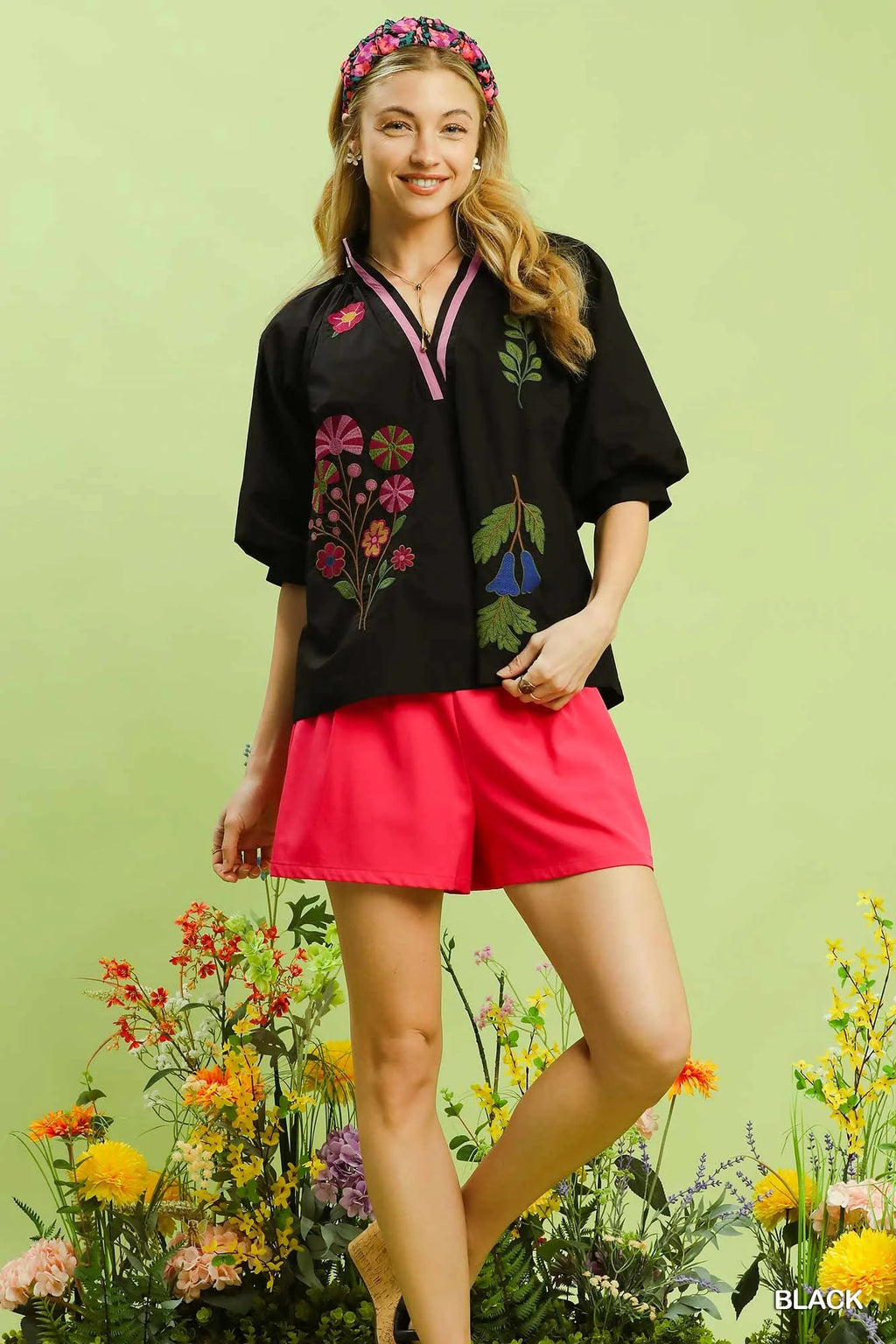 Umgee Embroidered Floral V-Neck Blouse