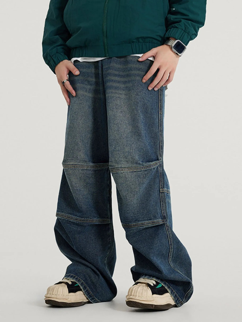 Men's Vintage Wide Leg Utility Jeans with Multi-Panel Design