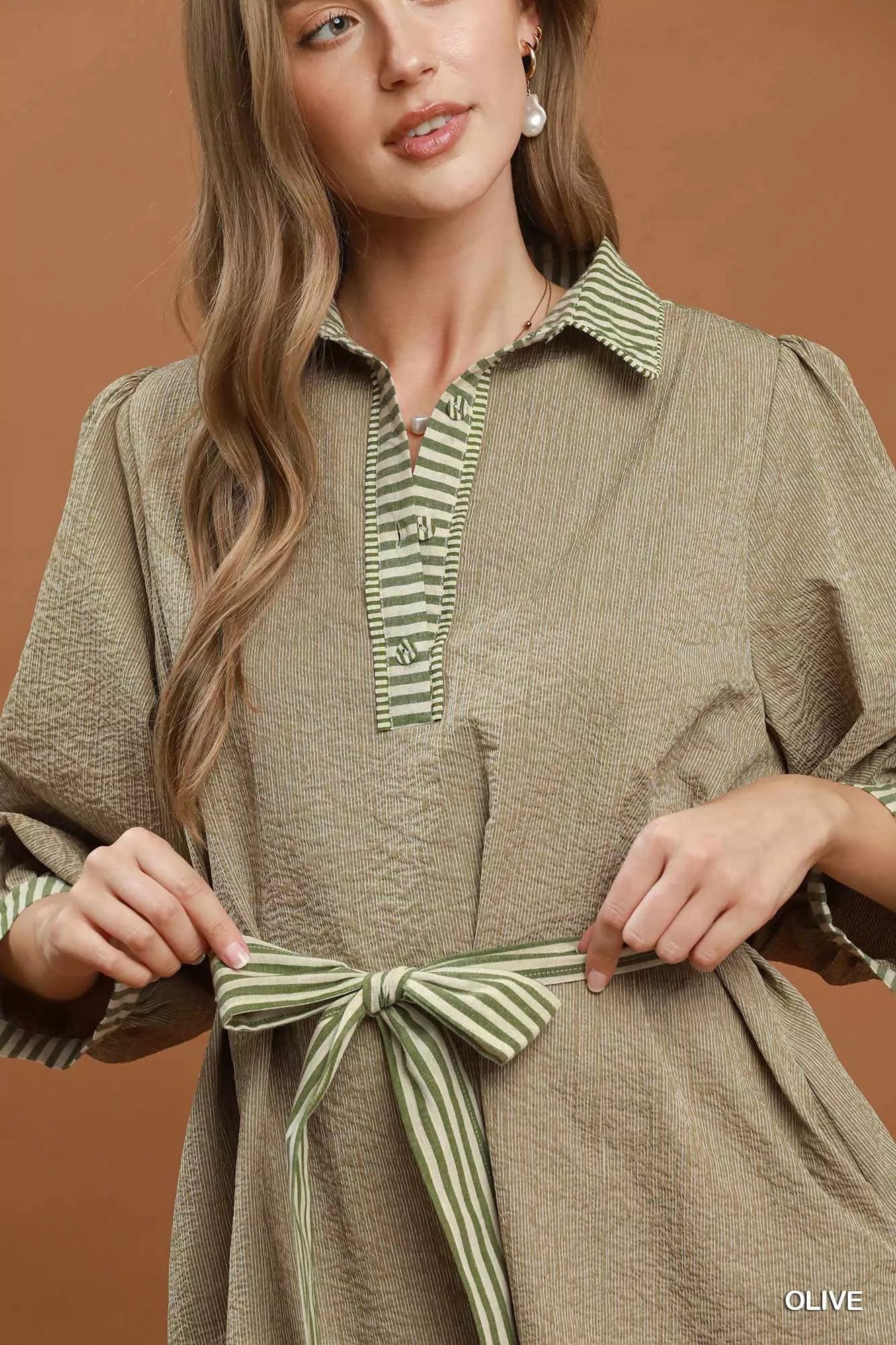 Umgee Striped Contrast Belted Puff Sleeve Mini Dress