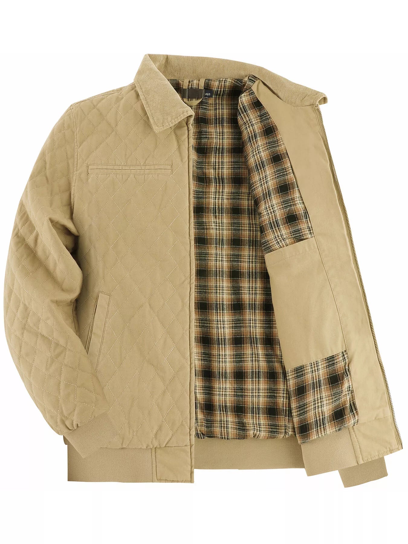 Men's Quilted Collared Neck Jacket with Plaid Lining