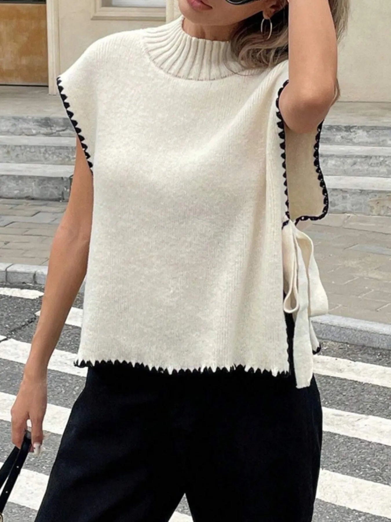 Ribbed Turtleneck Sweater Vest with Contrast Trim