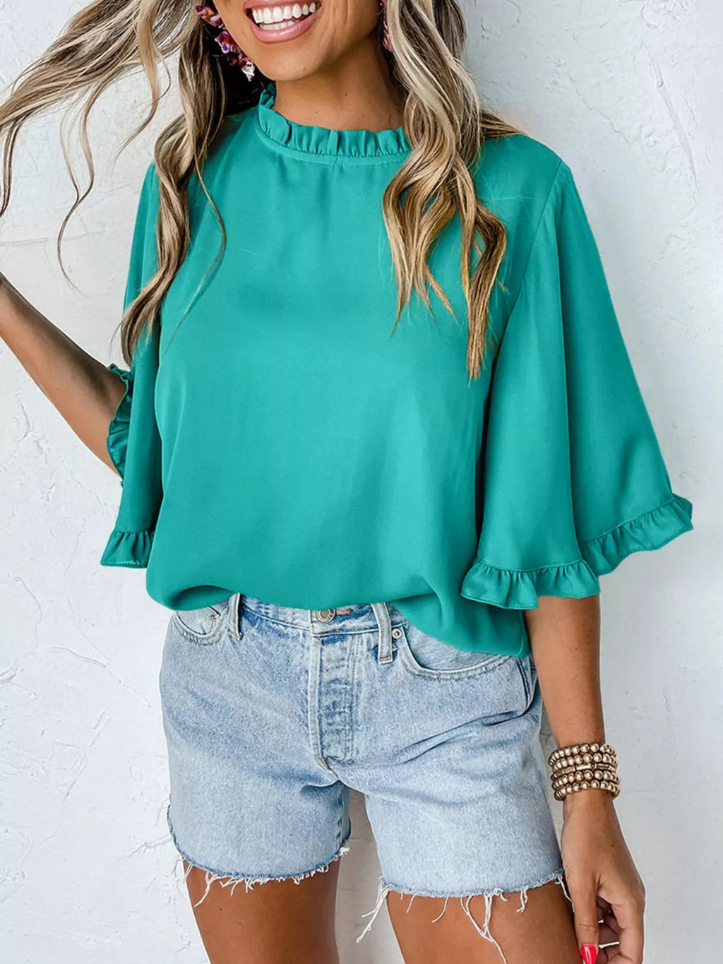 Ruffle Trim Half Sleeve Blouse