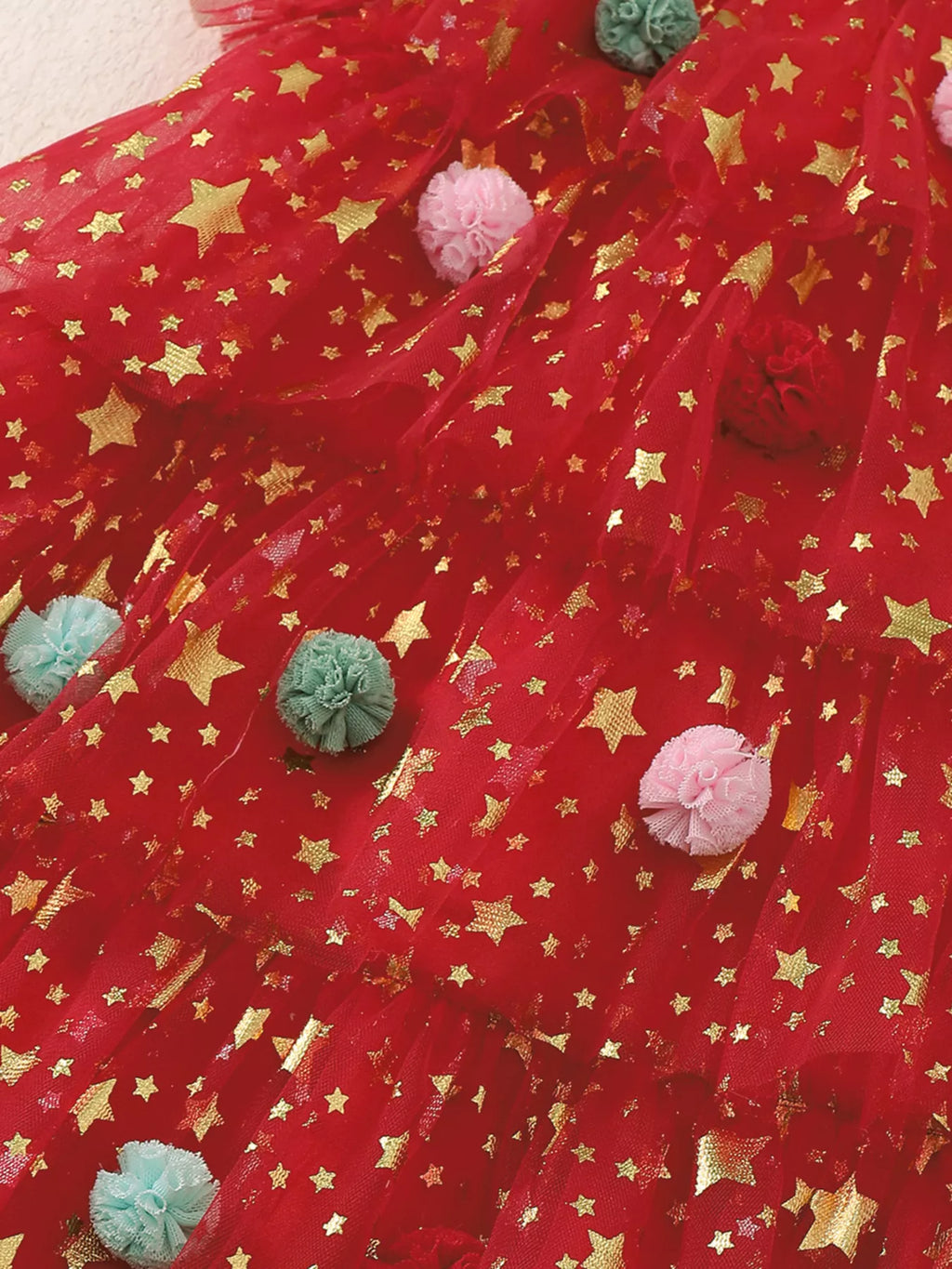 Children's Star Print Pom-Pom Embellishments Tulle Dress