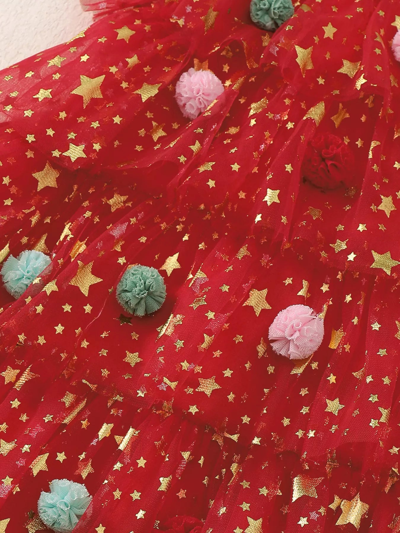 Children's Star Print Pom-Pom Embellishments Tulle Dress