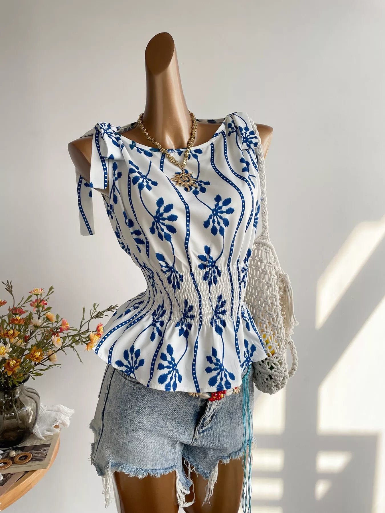 Smocked Tie Shoulder Blouse