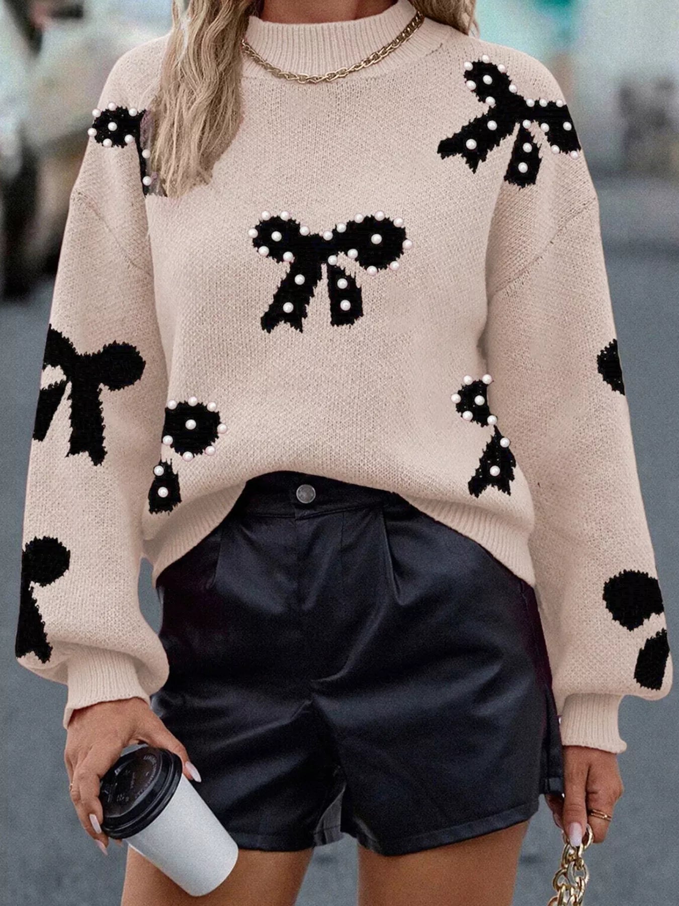 Pearl Embellished Bow Pattern Loose Sweater