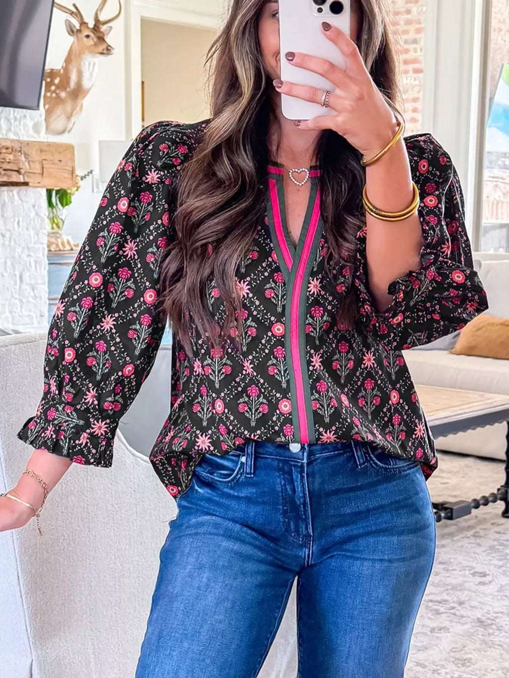 Contrast V Neckline Bracelet Sleeve Vintage Floral Blouse