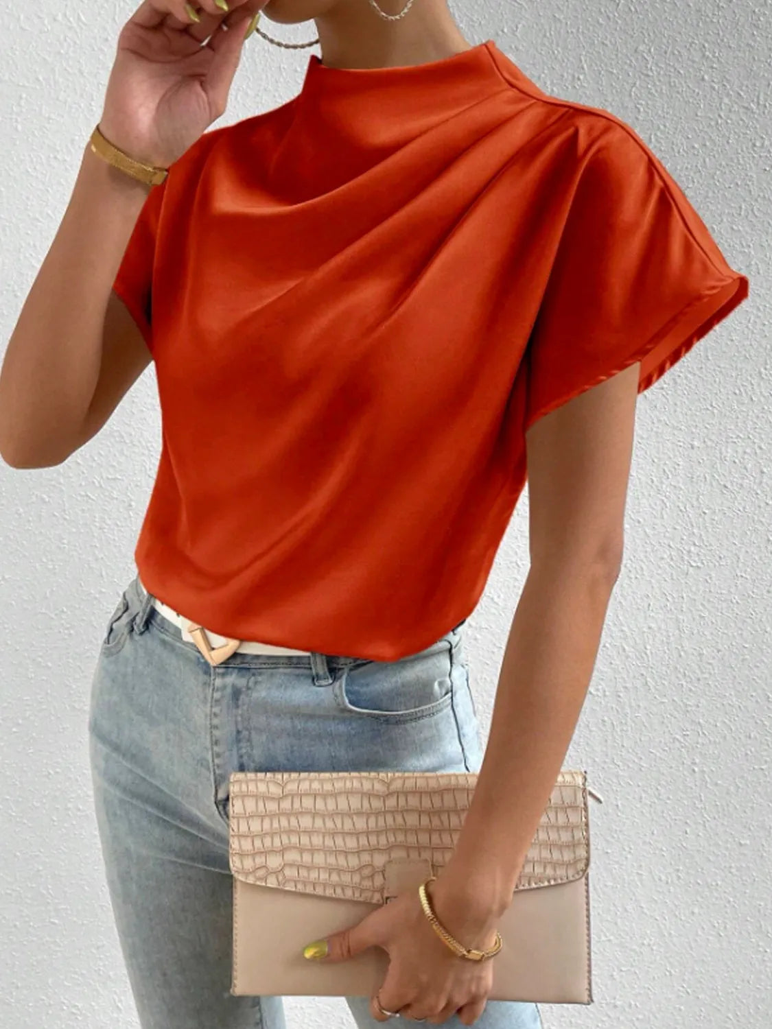 Mock Neck Short Sleeve Blouse