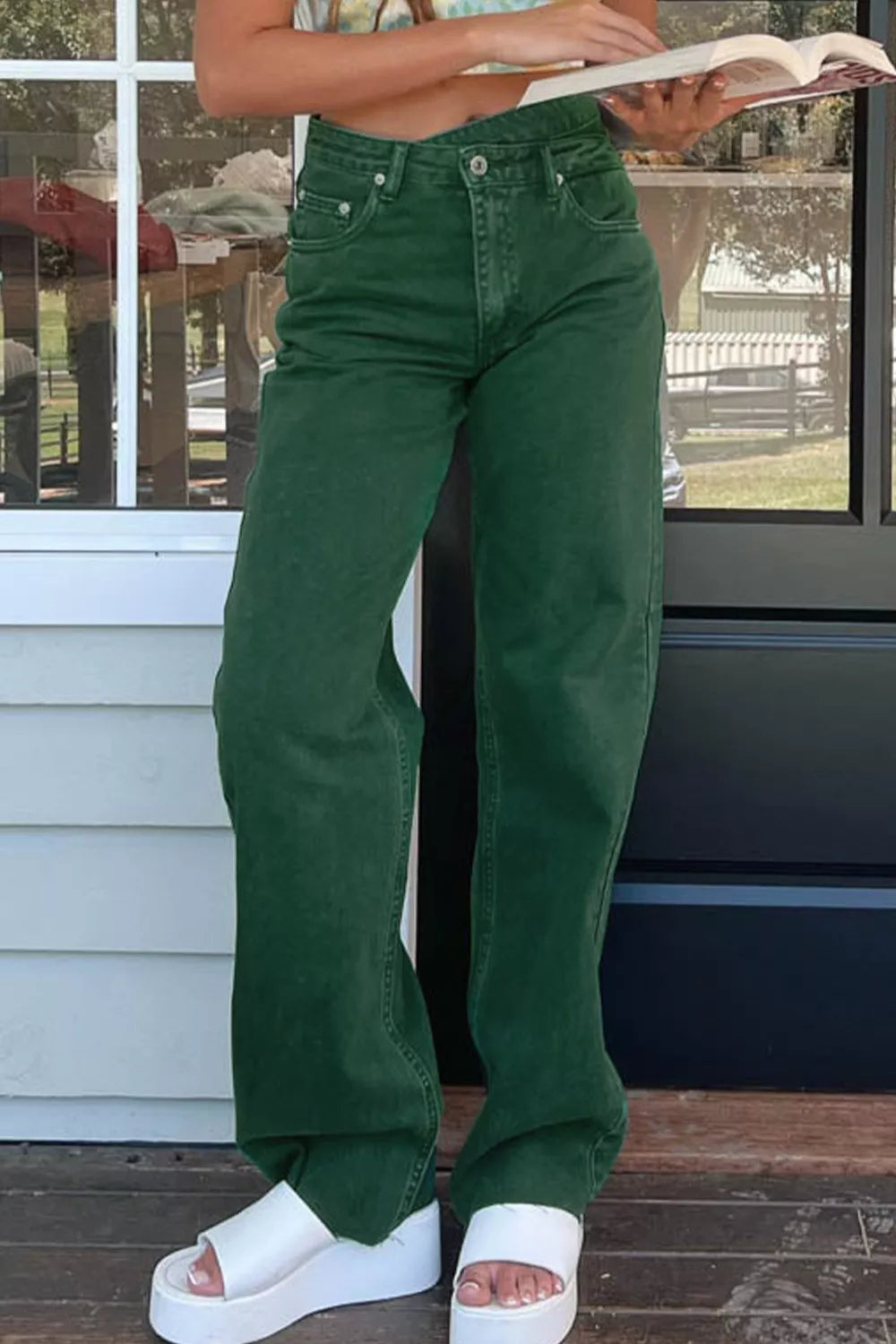 Crossed Waist Raw Hem Shift Jeans