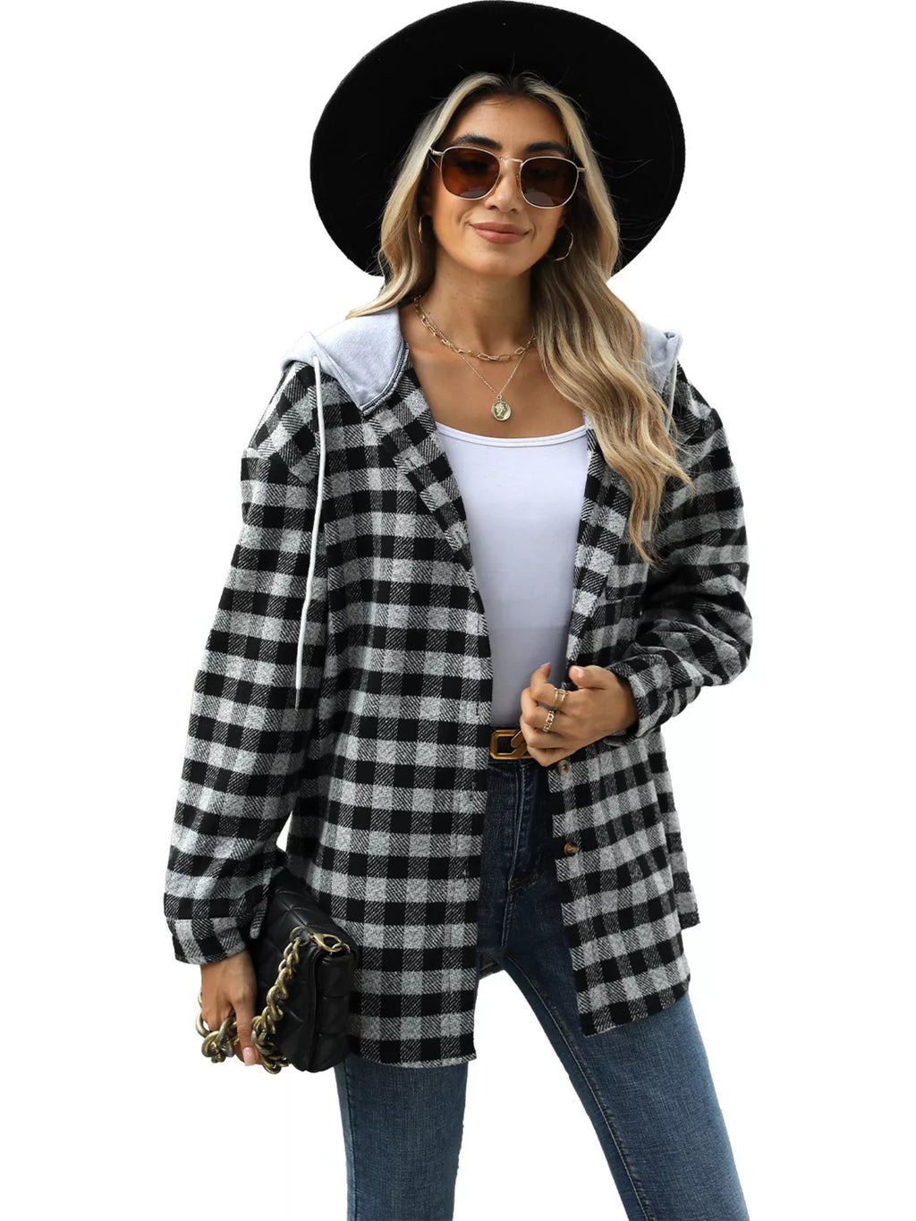 Plaid Button Up Long Sleeve Drawstring Hooded Jacket
