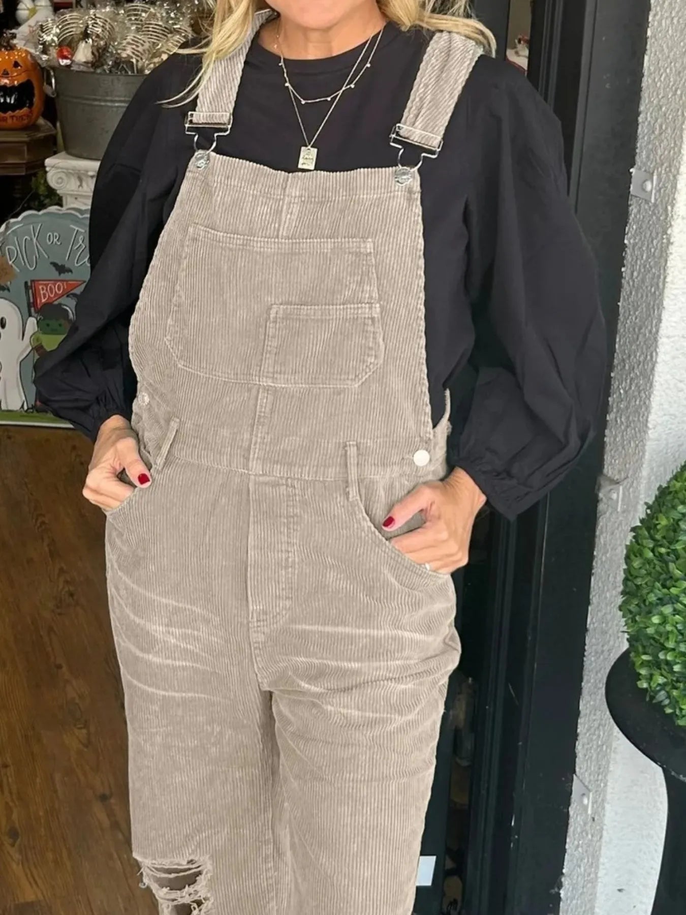 Distressed Wide Leg Corduroy Overalls