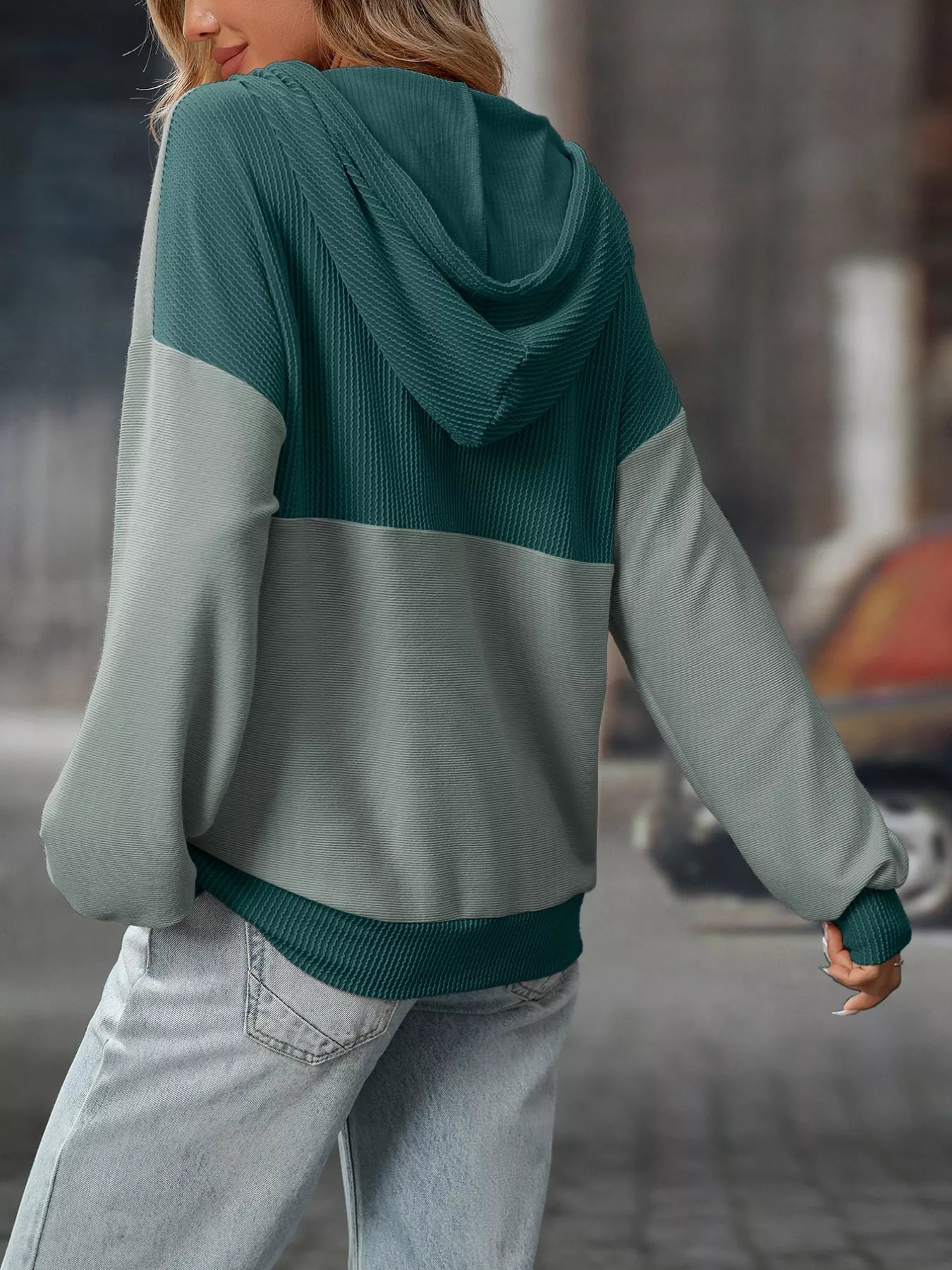 Casual Color Block Button Detail Hoodie