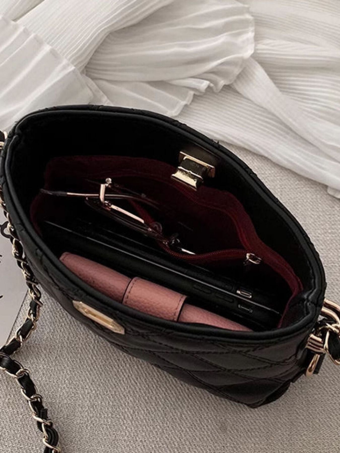 Quilted Bucket Crossbody Bag with Chain Strap