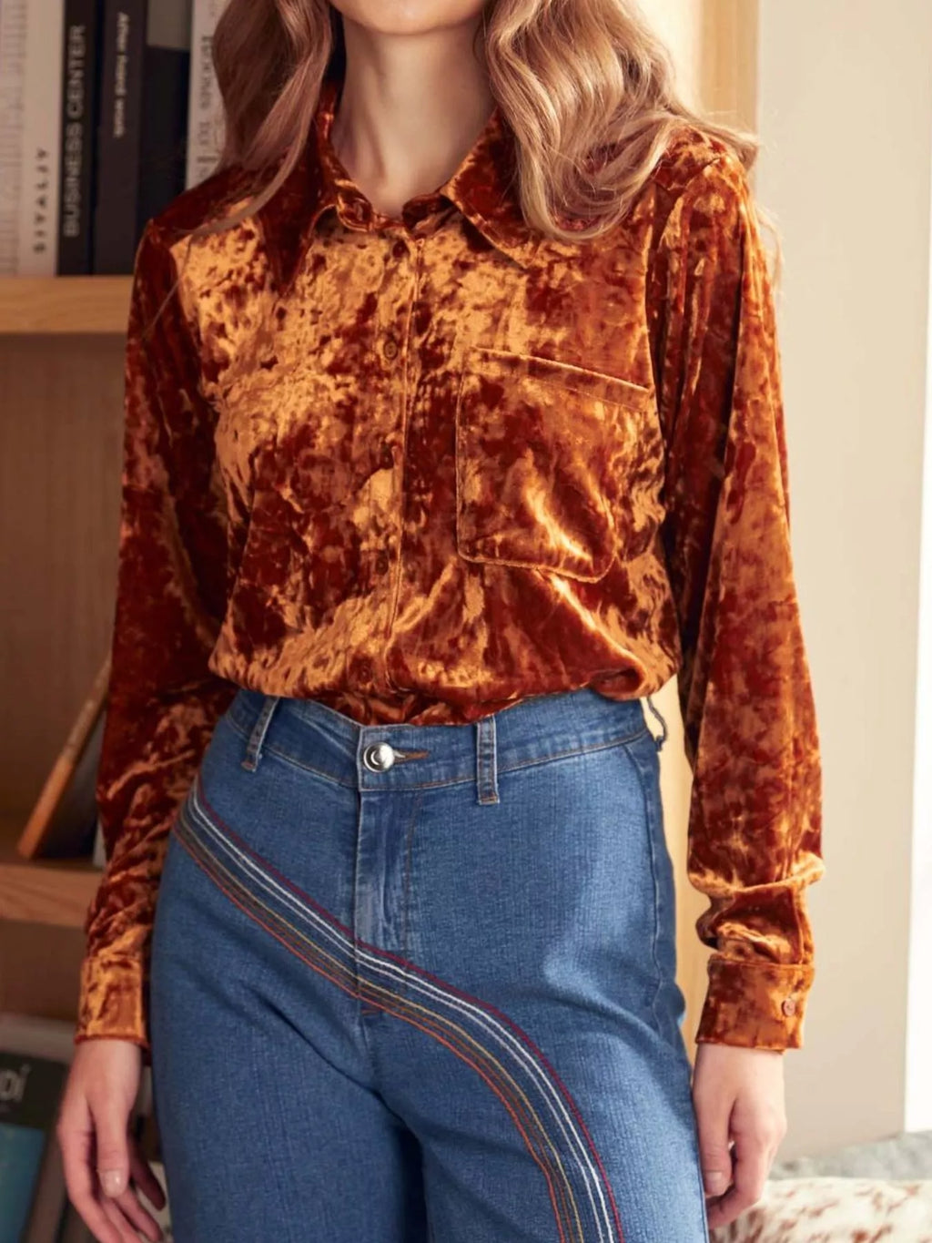 Velvet Button-Down Long Sleeve Shirt