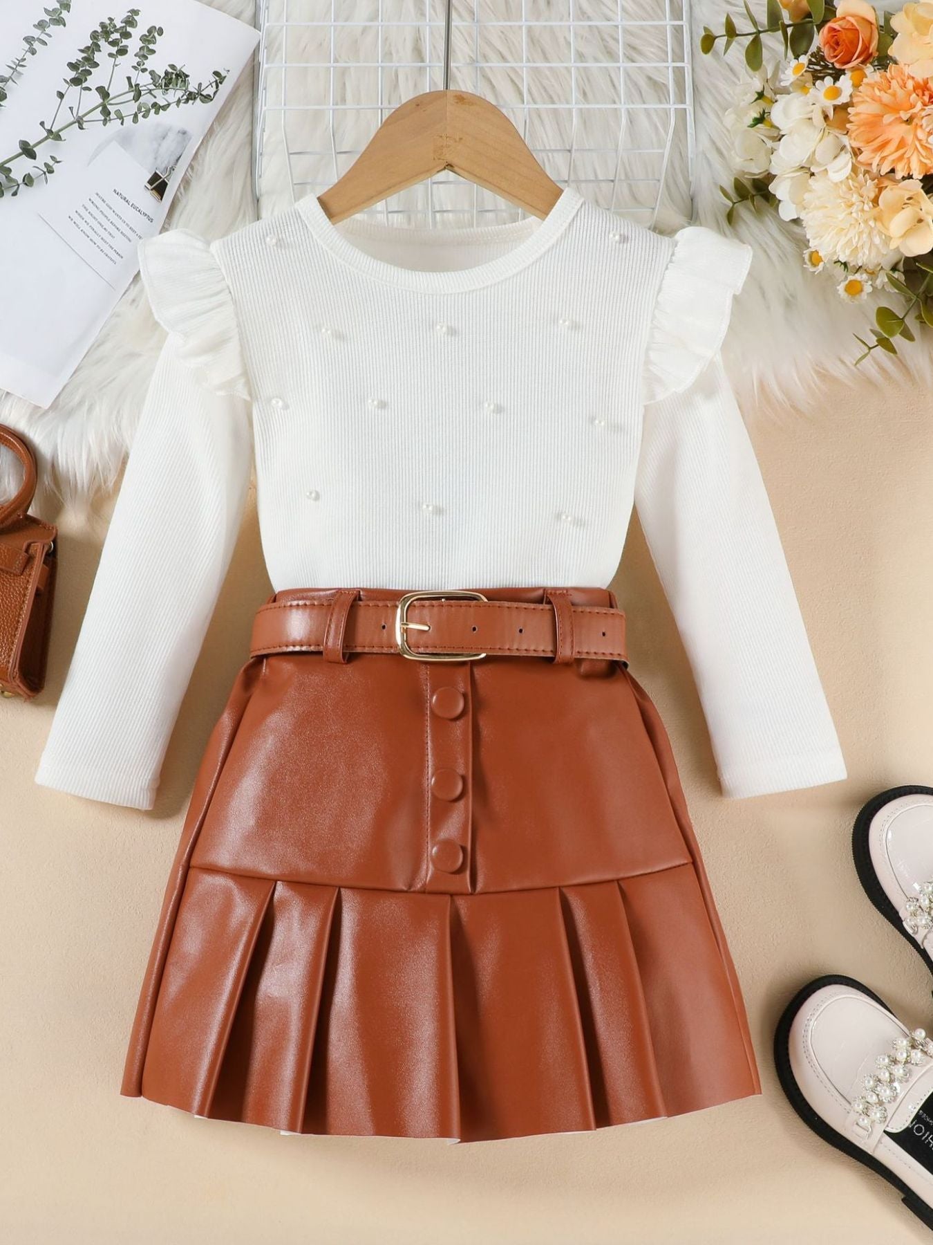 Children's Ruffle Trim Top & Faux Leather Pleated Skirt Set