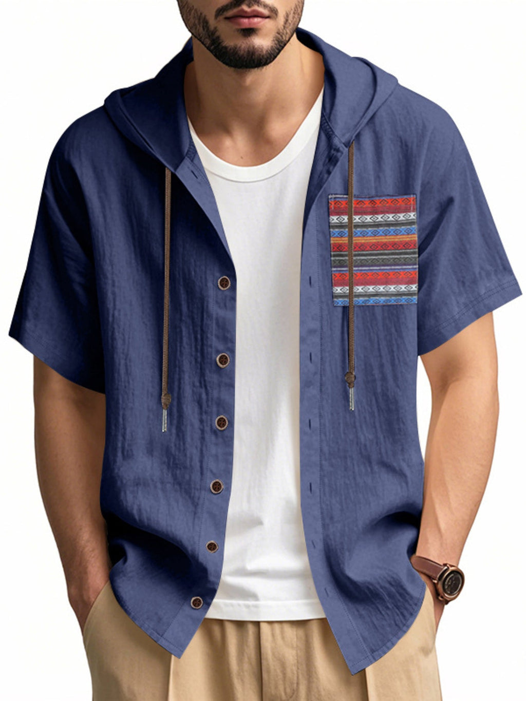 Men's Full Size Casual Hooded Short Sleeve Shirt Plus Size