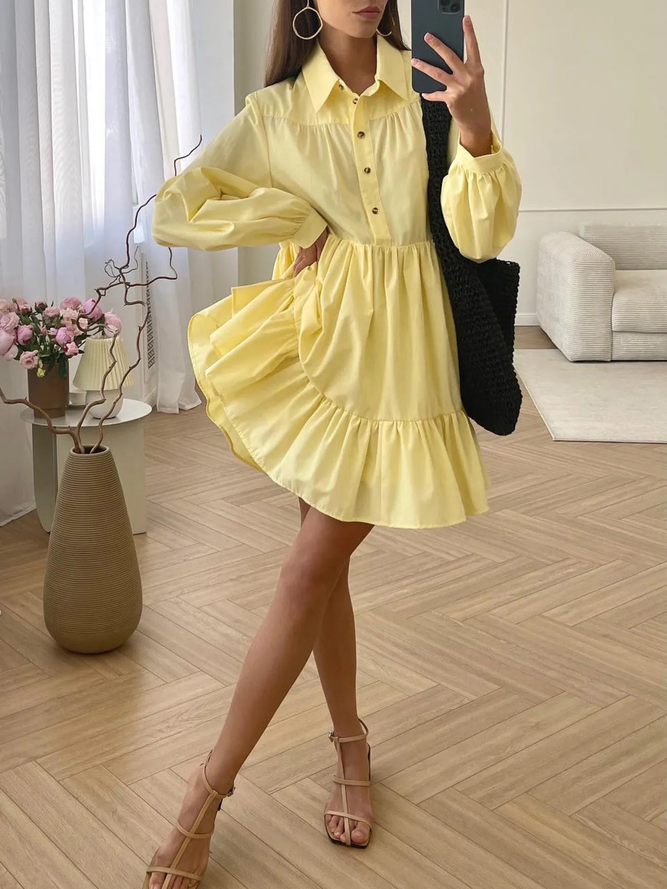 Tiered Long Sleeve Shirt Dress
