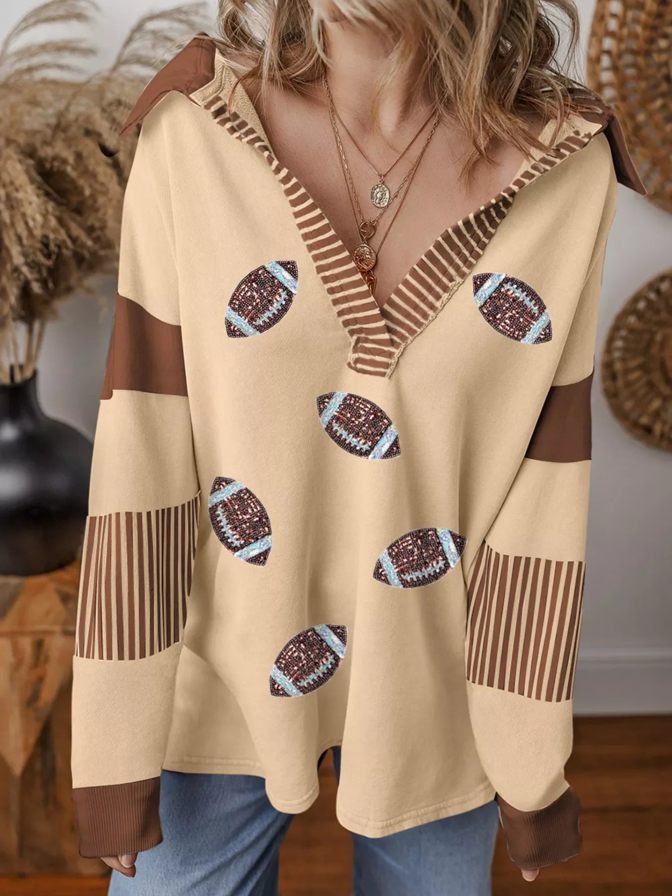 Color Block Striped Patchwork Sequin Rugby Graphic Polo Sweatshirt