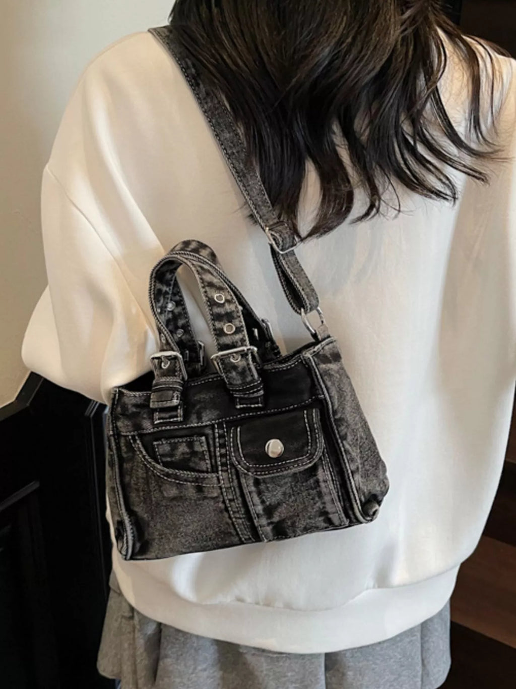 Vintage Washed Denim Crossbody Bag
