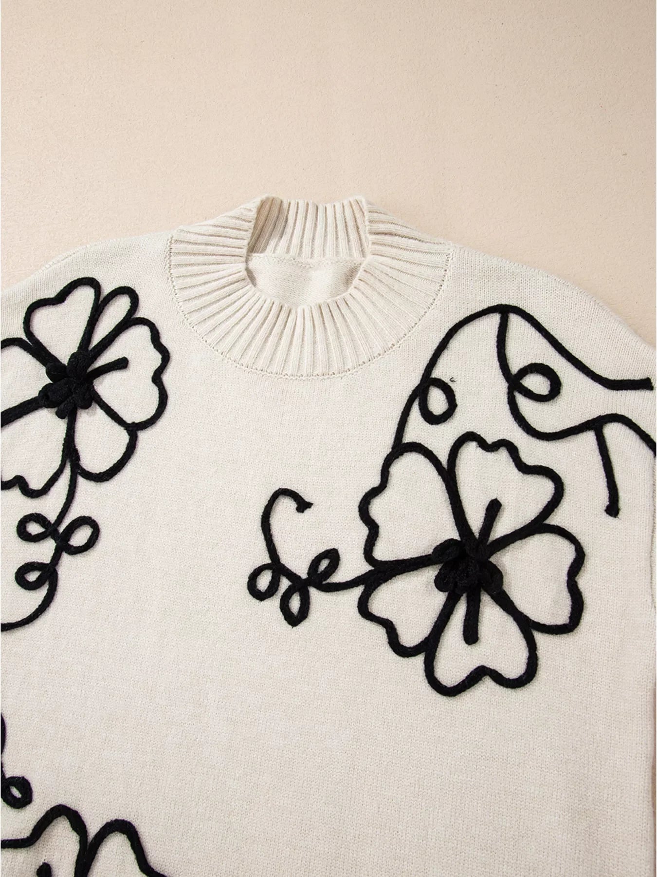 Flower Stitching Mock Neck Sweater