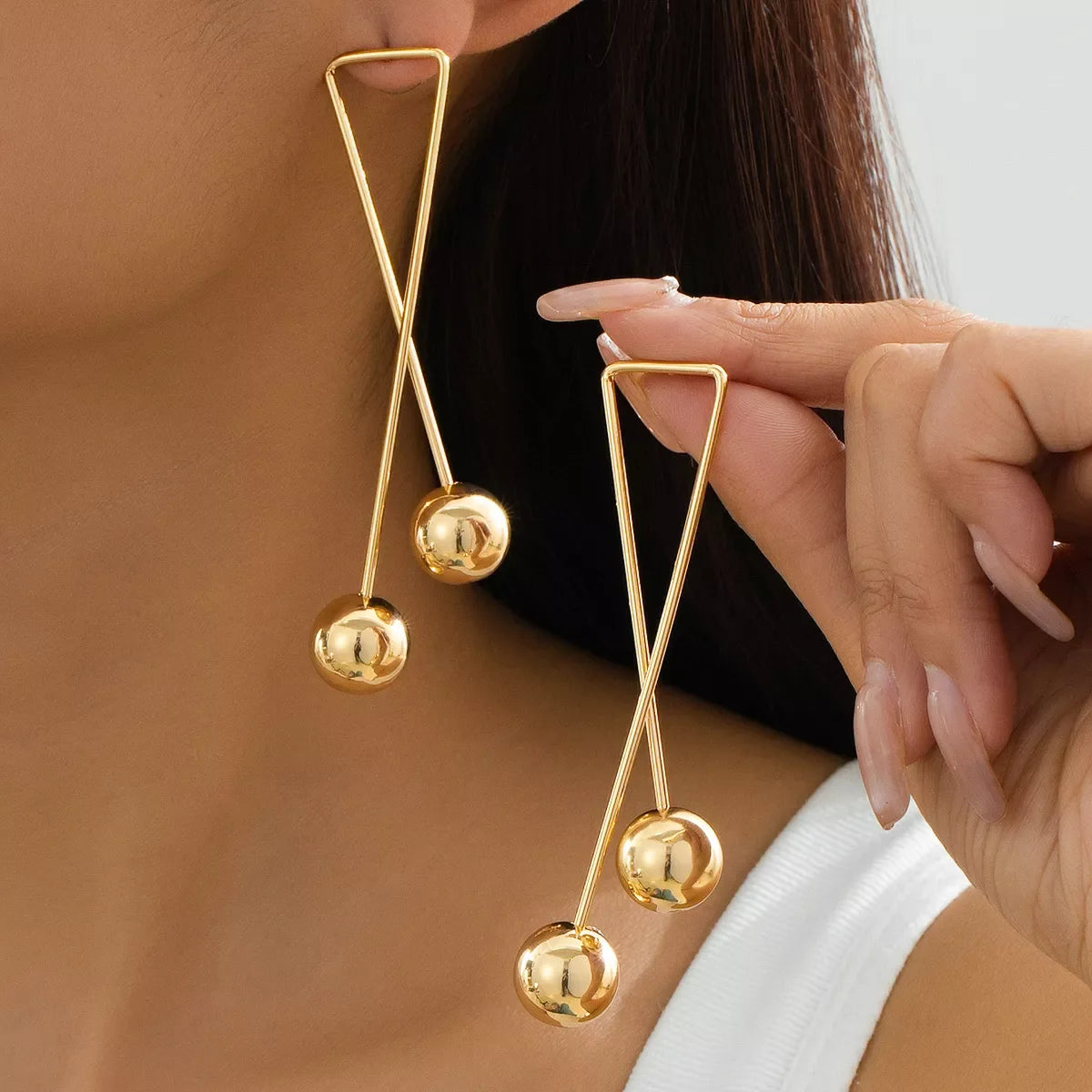 Modern Geometric Triangle Gold Ball Drop Earrings