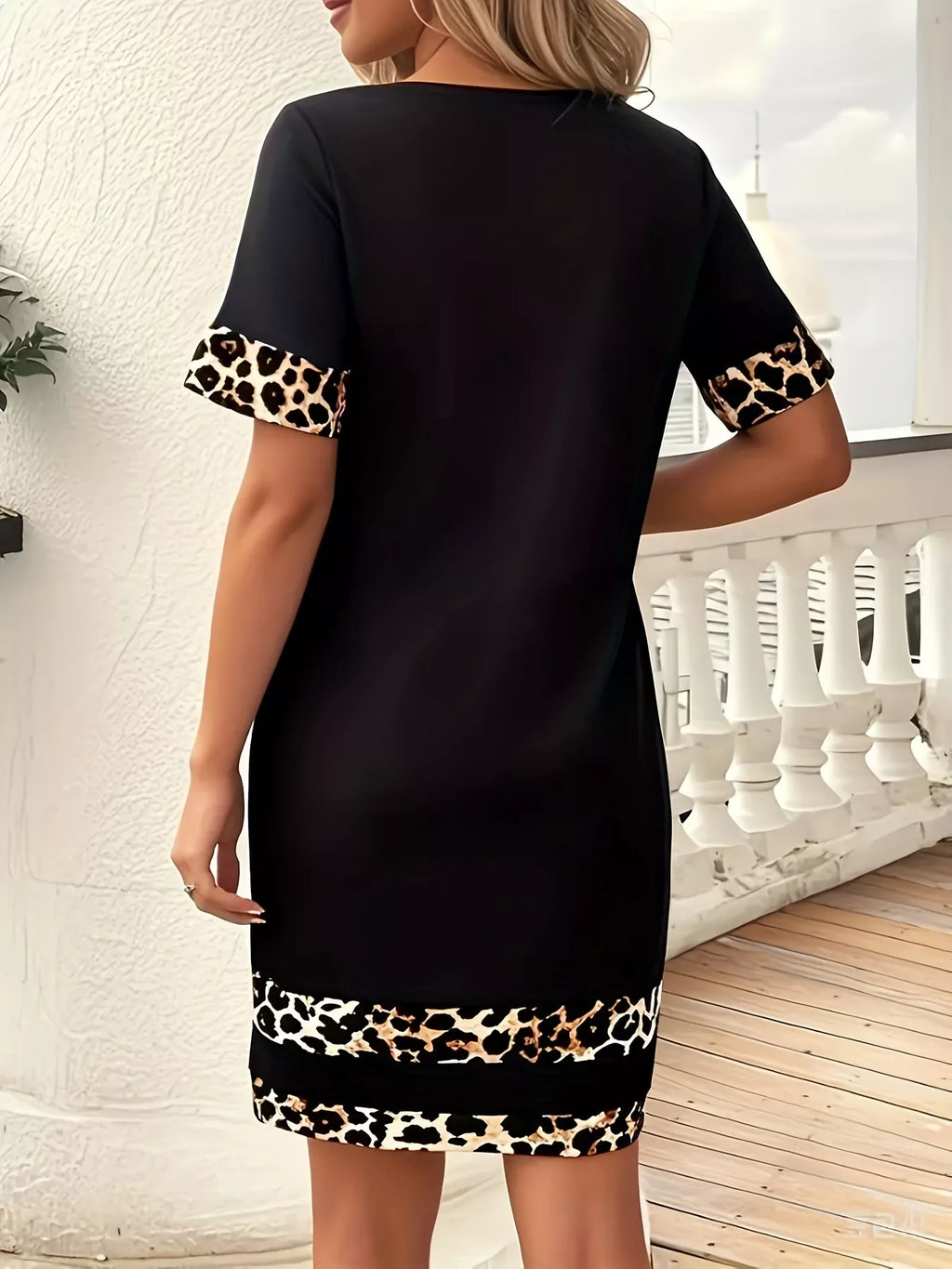 Full Size Leopard Trim Round Neck Mini Dress Plus Size