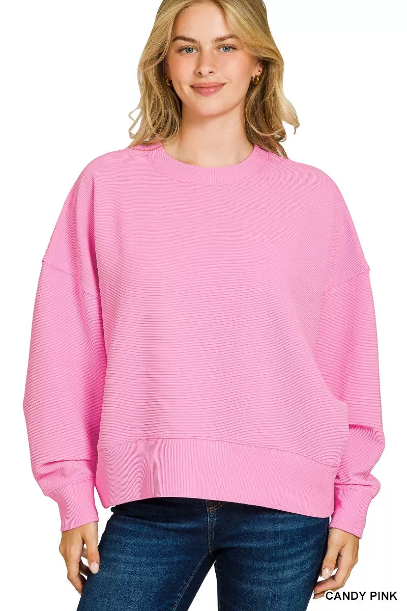 Zenana Ribbed Round Neck Pullover and Shorts Set